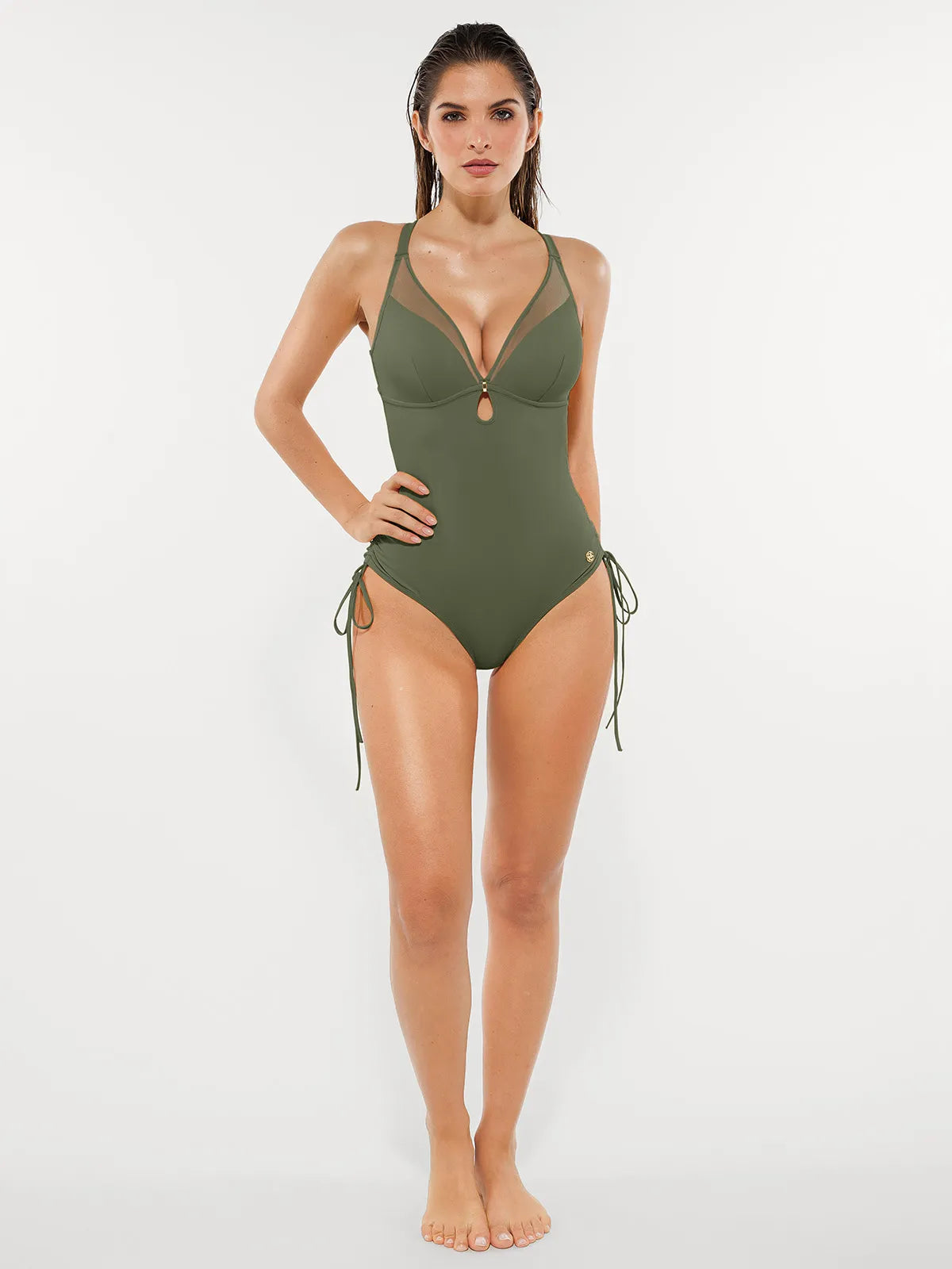 Shapewear Mesh Inset Tie-Side Sculpting One-Piece Swimsuit