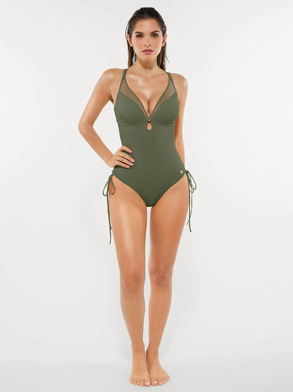 Shapewear Mesh Inset Tie-Side Sculpting One-Piece Swimsuit