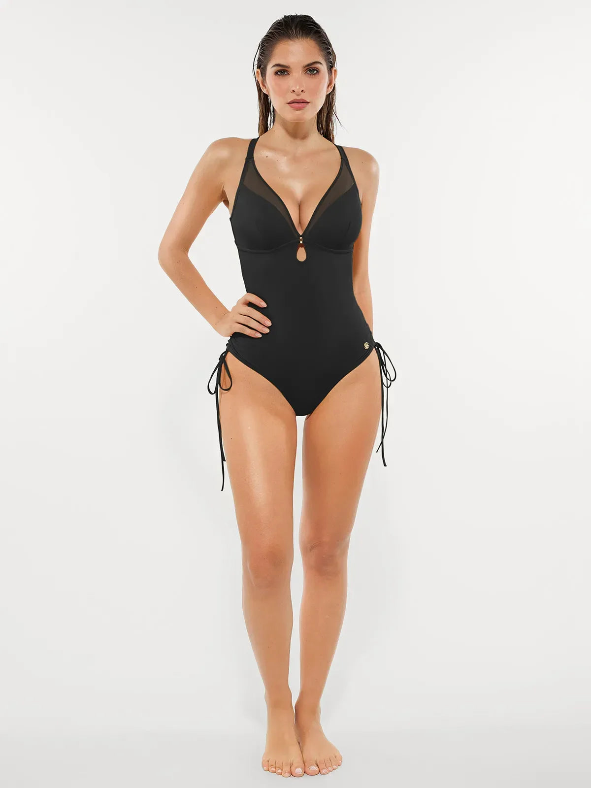Shapewear Mesh Inset Tie-Side Sculpting One-Piece Swimsuit