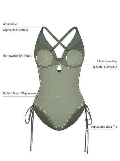 Shapewear Mesh Inset Tie-Side Sculpting One-Piece Swimsuit