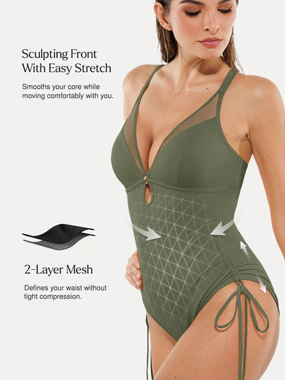 Shapewear Mesh Inset Tie-Side Sculpting One-Piece Swimsuit