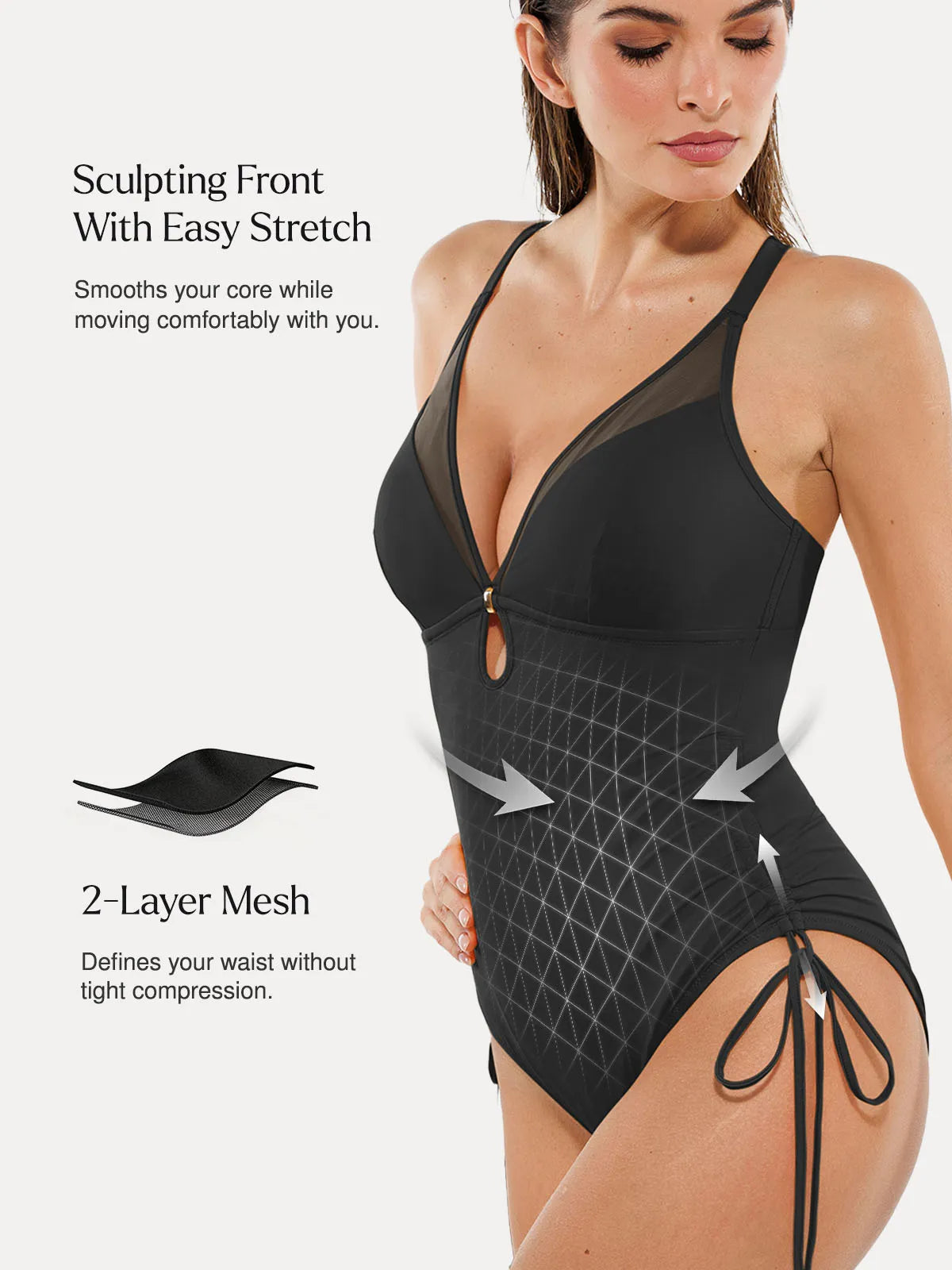 Shapewear Mesh Inset Tie-Side Sculpting One-Piece Swimsuit