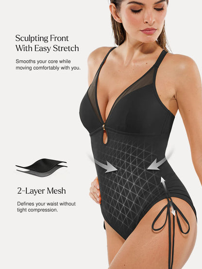 Shapewear Mesh Inset Tie-Side Sculpting One-Piece Swimsuit
