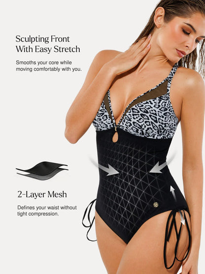 Shapewear Mesh Inset Tie-Side Sculpting One-Piece Swimsuit