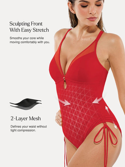 Shapewear Mesh Inset Tie-Side Sculpting One-Piece Swimsuit