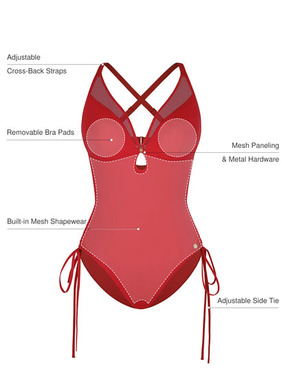 Shapewear Mesh Inset Tie-Side Sculpting One-Piece Swimsuit