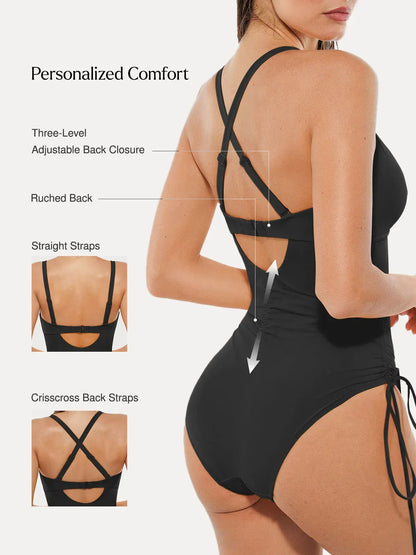 Shapewear Mesh Inset Tie-Side Sculpting One-Piece Swimsuit