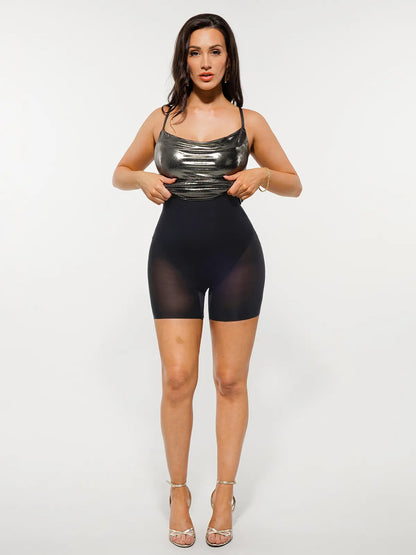 Metallic Cowl Neck Side Ruched Sculpting Tummy Control Midi Dress