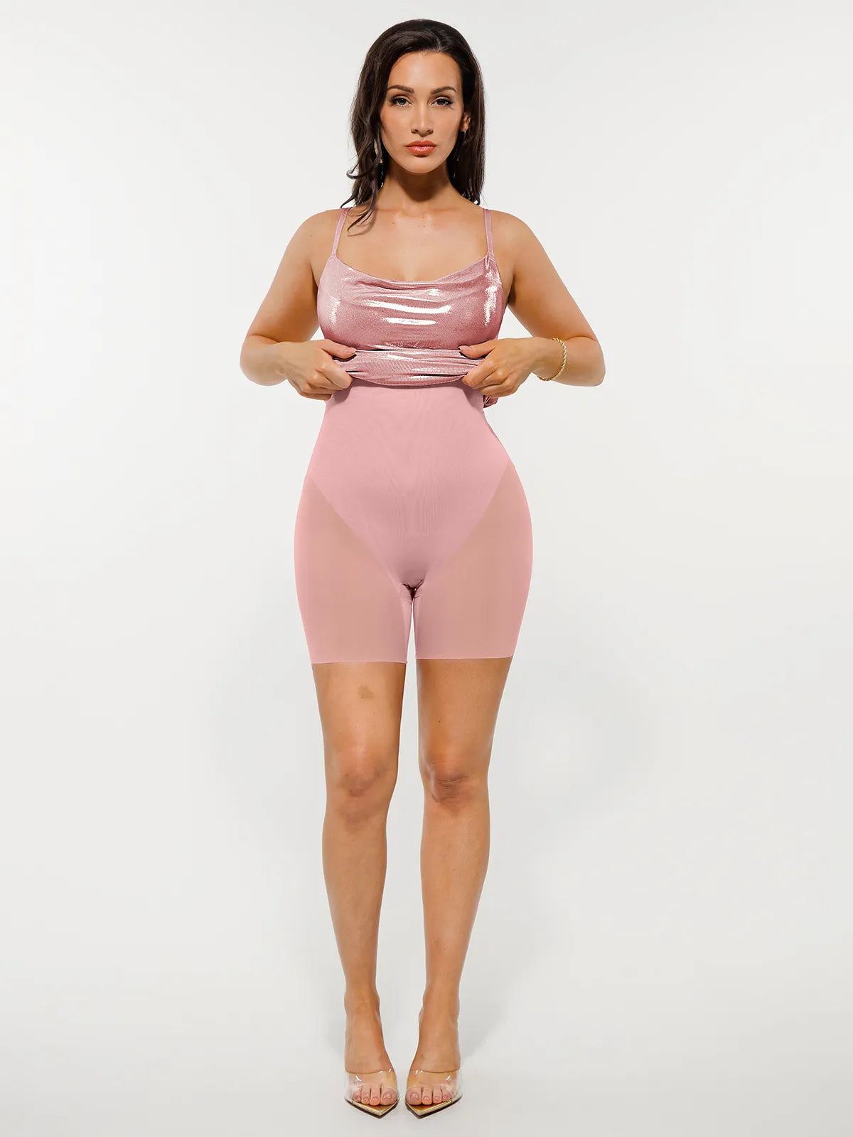 Metallic Cowl Neck Side Ruched Sculpting Tummy Control Midi Dress