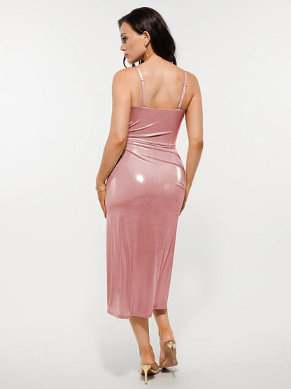 Metallic Cowl Neck Side Ruched Sculpting Tummy Control Midi Dress