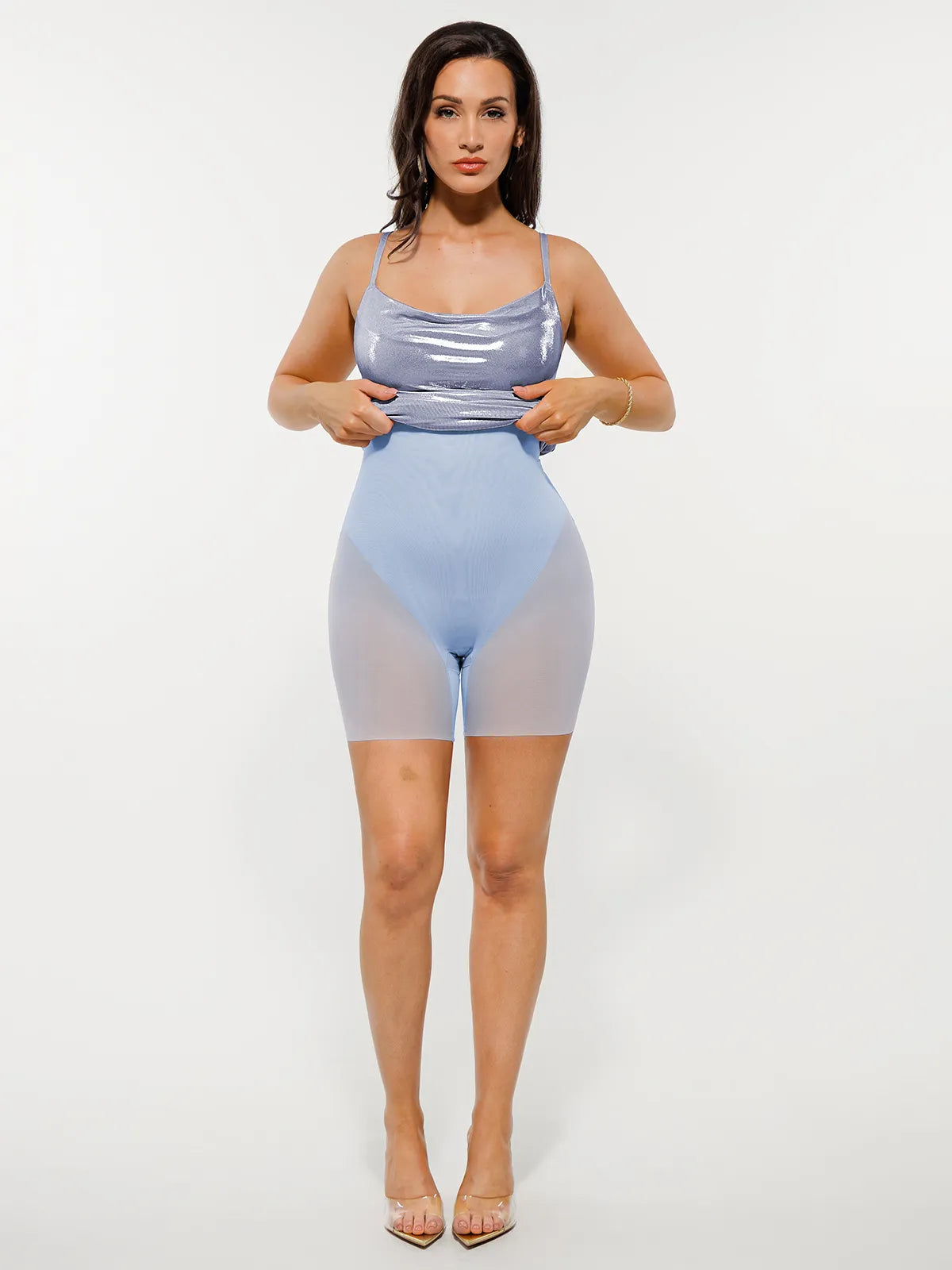 Metallic Cowl Neck Side Ruched Sculpting Tummy Control Midi Dress