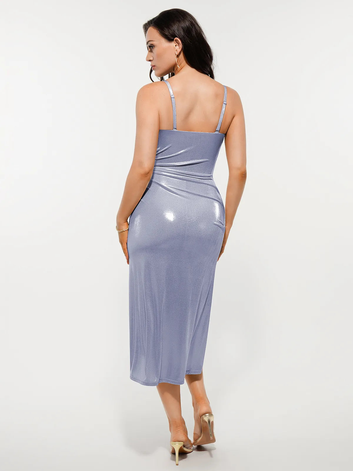Metallic Cowl Neck Side Ruched Sculpting Tummy Control Midi Dress