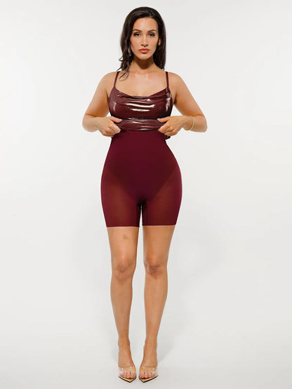 Metallic Cowl Neck Side Ruched Sculpting Tummy Control Midi Dress