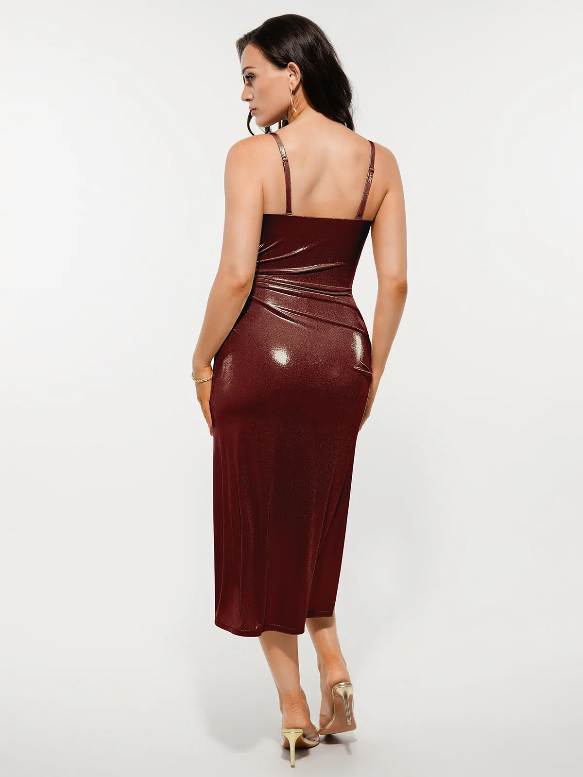 Metallic Cowl Neck Side Ruched Sculpting Tummy Control Midi Dress