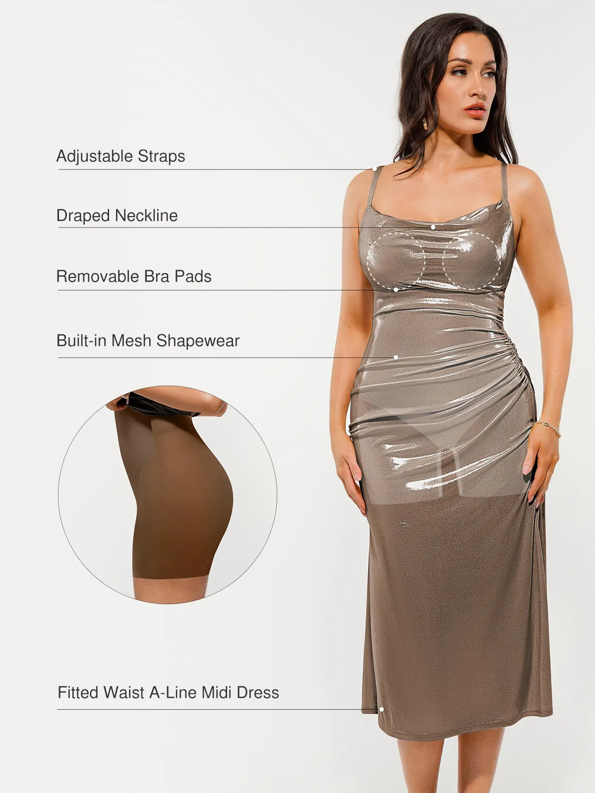 Metallic Cowl Neck Side Ruched Sculpting Tummy Control Midi Dress