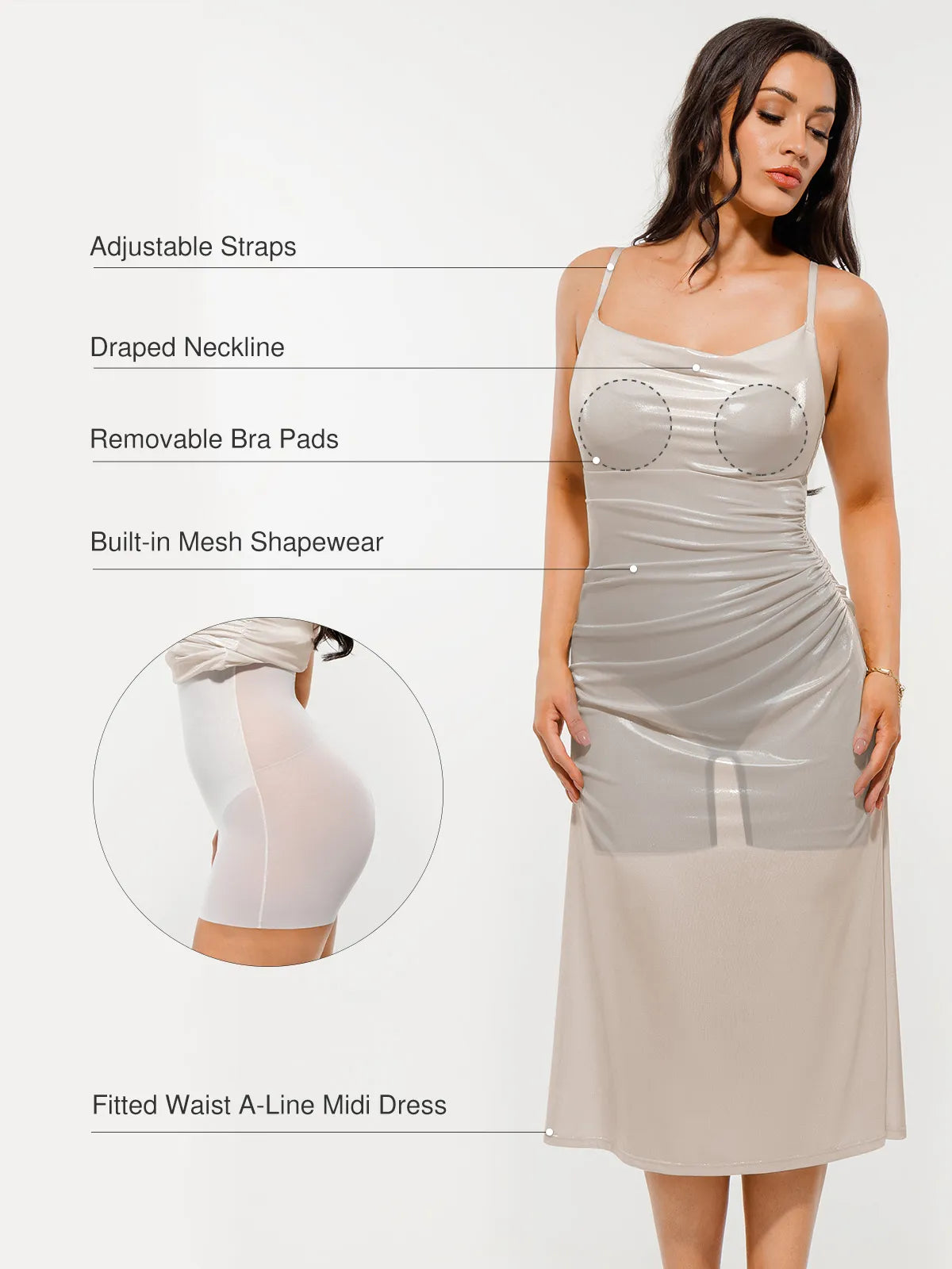 Metallic Cowl Neck Side Ruched Sculpting Tummy Control Midi Dress