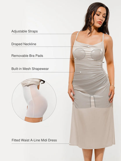Metallic Cowl Neck Side Ruched Sculpting Tummy Control Midi Dress