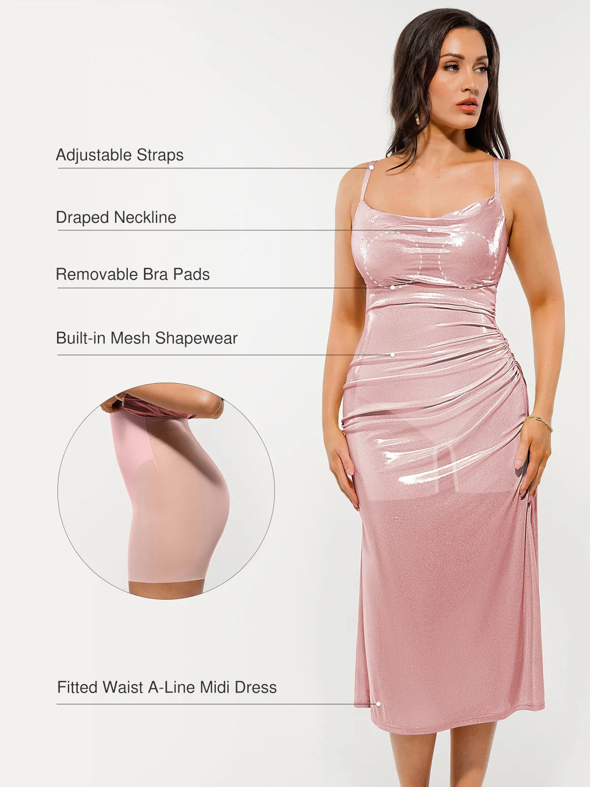 Metallic Cowl Neck Side Ruched Sculpting Tummy Control Midi Dress