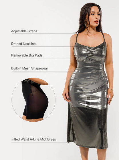 Metallic Cowl Neck Side Ruched Sculpting Tummy Control Midi Dress