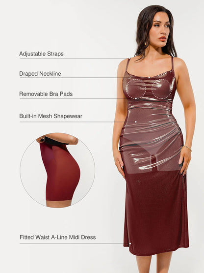 Metallic Cowl Neck Side Ruched Sculpting Tummy Control Midi Dress