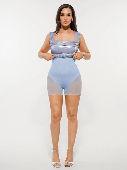 Metallic Off-The Shoulder Ruched Sculpting Tummy Control Mini Dress