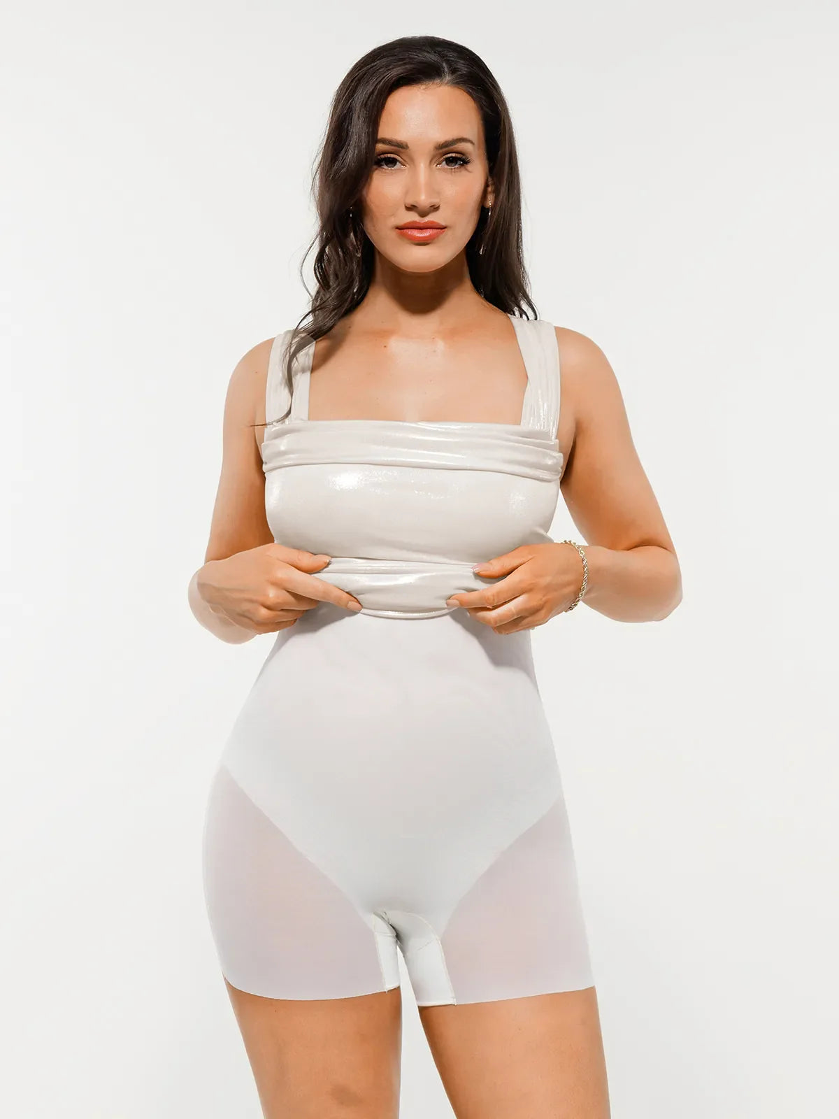 Metallic Off-The Shoulder Ruched Sculpting Tummy Control Mini Dress