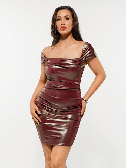 Metallic Off-The Shoulder Ruched Sculpting Tummy Control Mini Dress