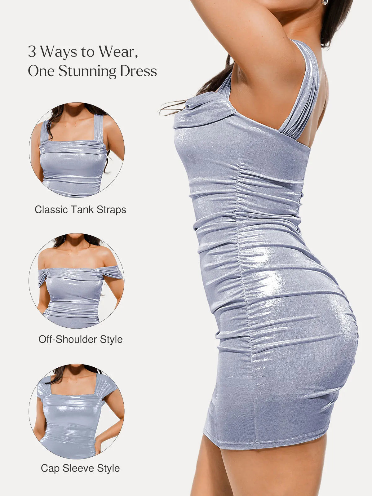 Metallic Off-The Shoulder Ruched Sculpting Tummy Control Mini Dress