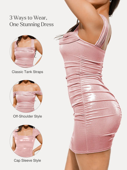 Metallic Off-The Shoulder Ruched Sculpting Tummy Control Mini Dress