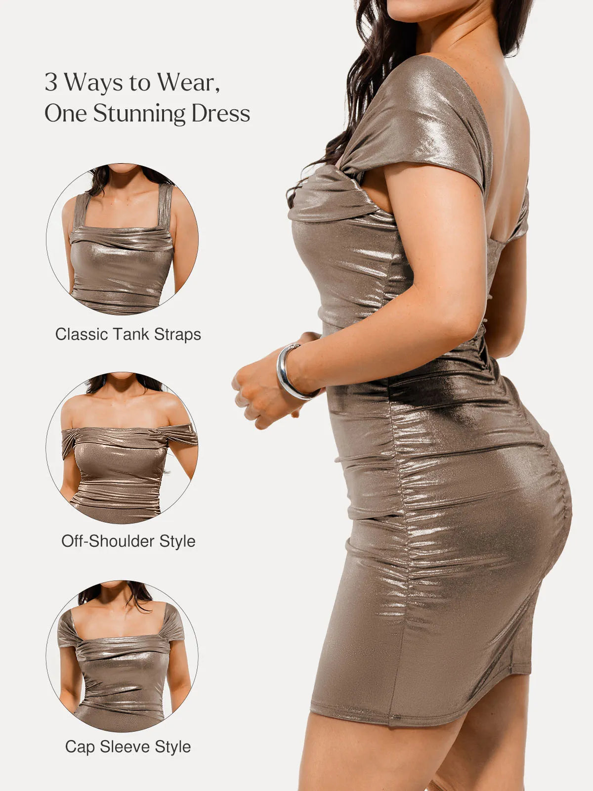 Metallic Off-The Shoulder Ruched Sculpting Tummy Control Mini Dress