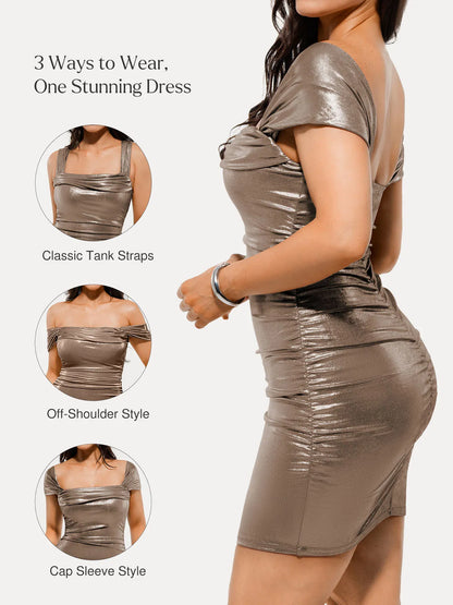 Metallic Off-The Shoulder Ruched Sculpting Tummy Control Mini Dress