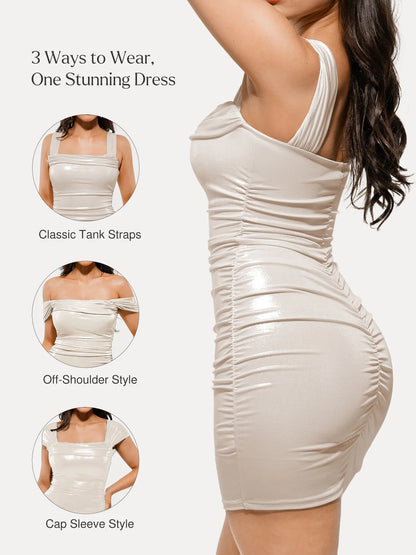 Metallic Off-The Shoulder Ruched Sculpting Tummy Control Mini Dress