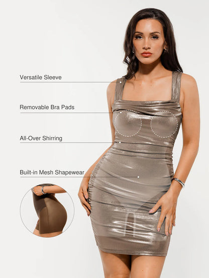 Metallic Off-The Shoulder Ruched Sculpting Tummy Control Mini Dress