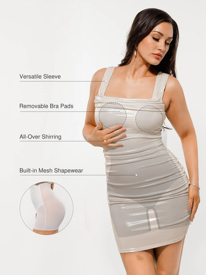 Metallic Off-The Shoulder Ruched Sculpting Tummy Control Mini Dress