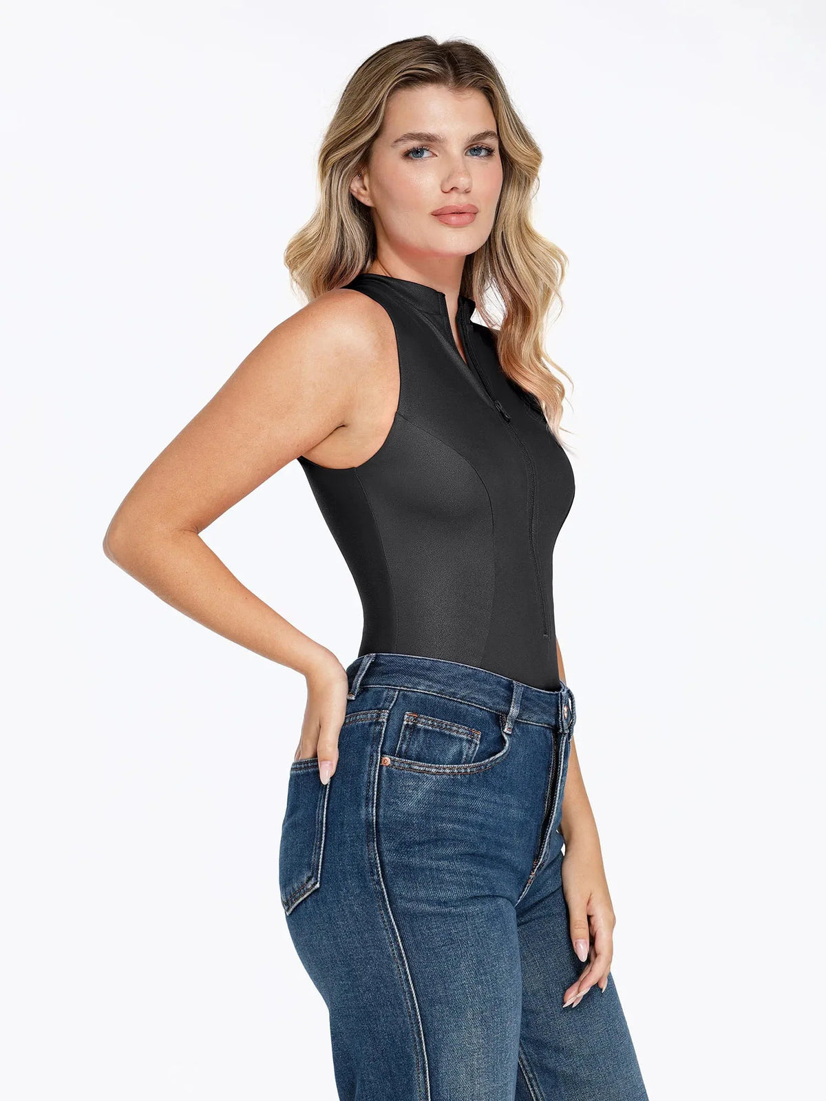 Shapewear Mock Neck Leather Sculpting Bodysuit Skirt Set