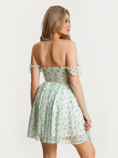 Off-The-Shoulder Sculpting Corset Fit & Flare Mini Dress