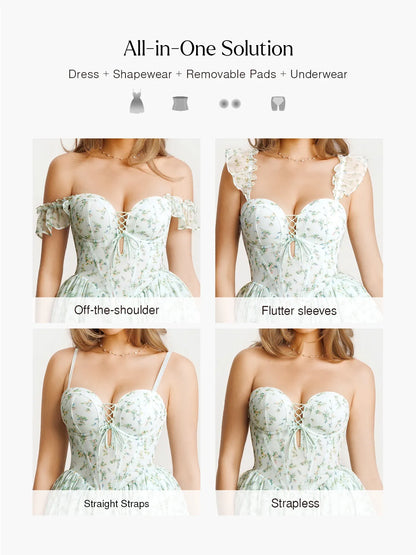 Off-The-Shoulder Sculpting Corset Fit & Flare Mini Dress