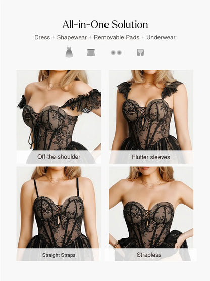 Off-The-Shoulder Sculpting Corset Fit & Flare Mini Dress