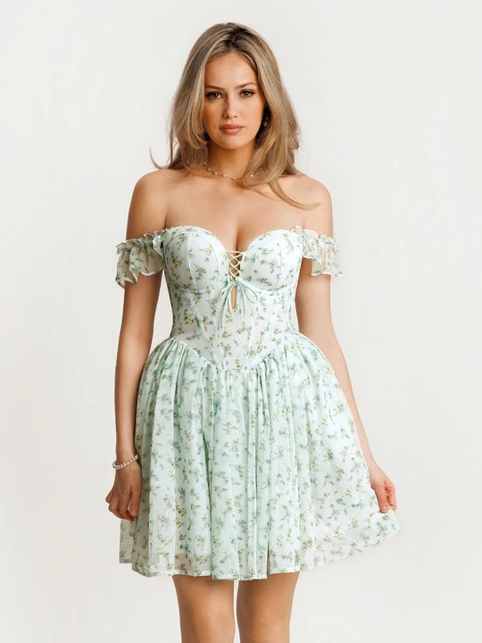 Off-The-Shoulder Sculpting Corset Fit & Flare Mini Dress