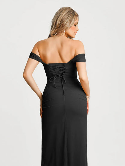 Off-The-Shoulder Sculpting Floral Print Maxi Dress