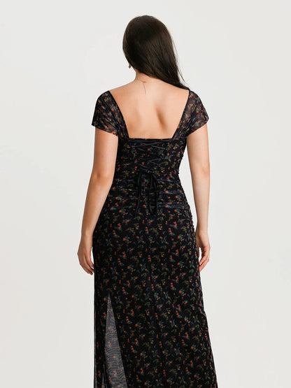 Off-The-Shoulder Sculpting Floral Print Maxi Dress
