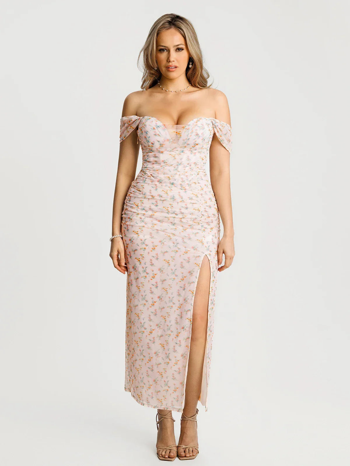 Off-The-Shoulder Sculpting Floral Print Maxi Dress