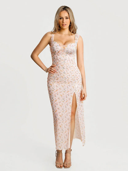 Off-The-Shoulder Sculpting Floral Print Maxi Dress