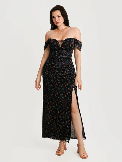 Off-The-Shoulder Sculpting Floral Print Maxi Dress