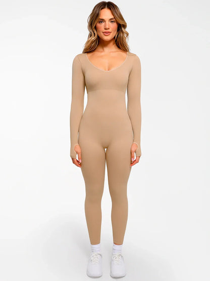 Popilush Ribbed U Neck Built-in Bra Tummy Control Jumpsuit