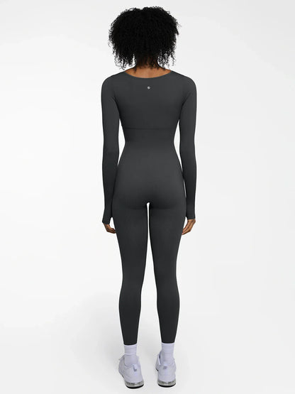 Popilush Ribbed U Neck Built-in Bra Tummy Control Jumpsuit