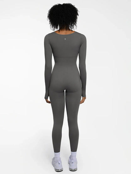 Popilush Ribbed U Neck Built-in Bra Tummy Control Jumpsuit