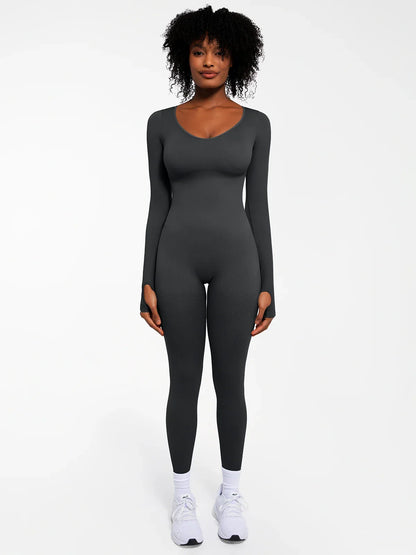 Popilush Ribbed U Neck Built-in Bra Tummy Control Jumpsuit