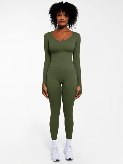 Popilush Ribbed U Neck Built-in Bra Tummy Control Jumpsuit
