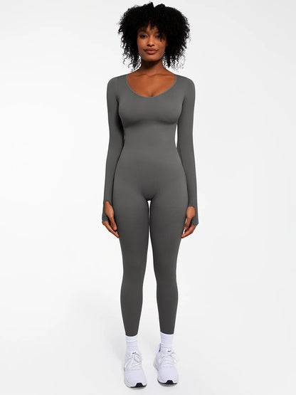 Popilush Ribbed U Neck Built-in Bra Tummy Control Jumpsuit